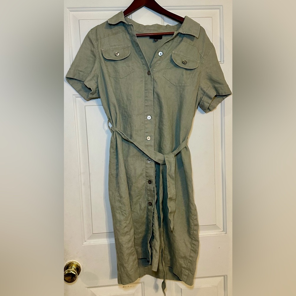 Pure Collection Green Linen Belted Short Sleeve Button Shirt Dress UK‎ 16 US 12.